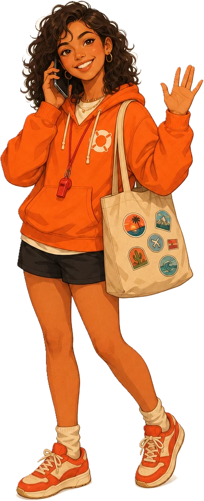 Dulce, the Hello Dulce character, in an orange hoodie, on the phone and waving