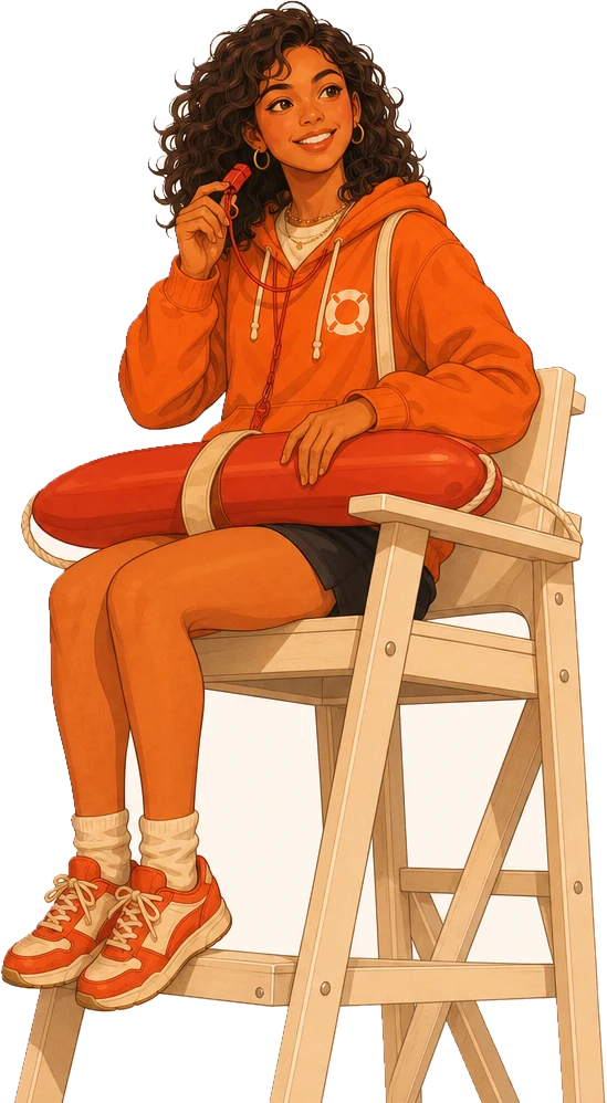 Dulce on a lifeguard chair with a rescue tube on her lap