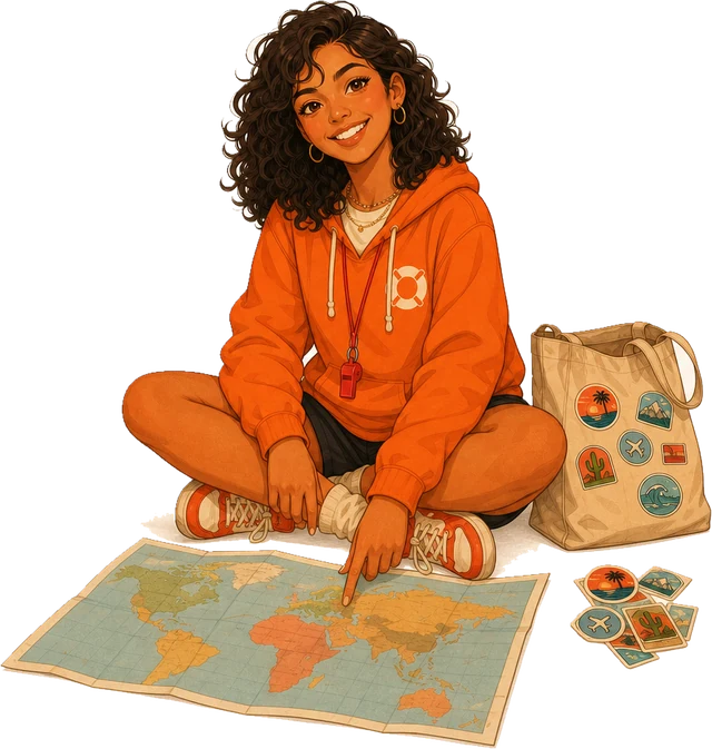 Dulce sitting over a paper world map, pointing at it